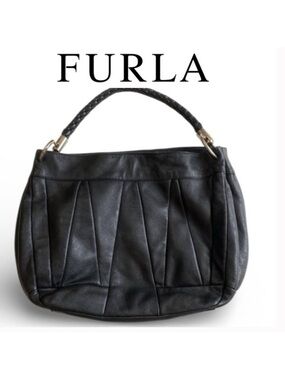 Furla Black Leather Hobo Bag Braided Strap Silver Hardware Medium